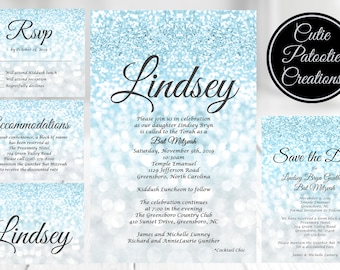 Blue Ombre Confetti Bat Mitzvah Invitation Suite