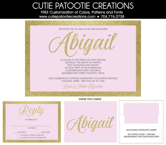 Pink and Gold Bat Mitzvah Invitations | Envelope Addressing | Custom Colors Available | Response Cards | Save the Dates Il_570xn