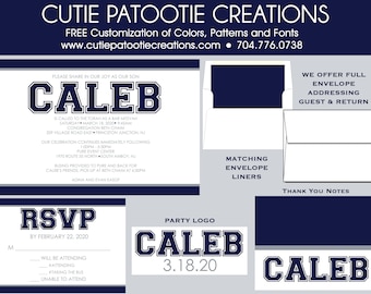 Bar Mitzvah Invitations | Navy Blue and Grey Modern Bar Mitzvah Invitation | Envelope Addressing Services | Custom Colors Available