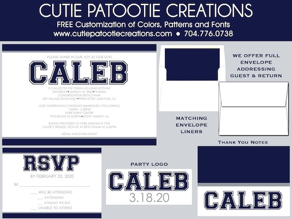 Bar Mitzvah Invitations | Navy Blue and Grey Modern Bar Mitzvah Invitation | Envelope Addressing Services | Custom Colors Available Il_570xn