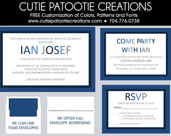 Modern Bar Mitzvah Invitations - RSVP Reply Cards - Party Card - Save the Date - Thank You Notes - Envelope Addressing - Use for ANY EVENT