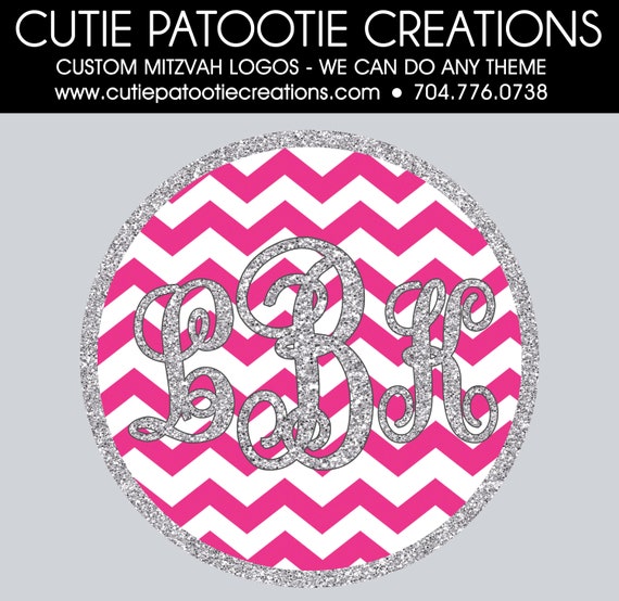 Bat Mitzvah Logo - Hot Pink and Silver Glitter Monogram Initials Bat Mitzvah Logo - Custom Colors Available Il_570xn
