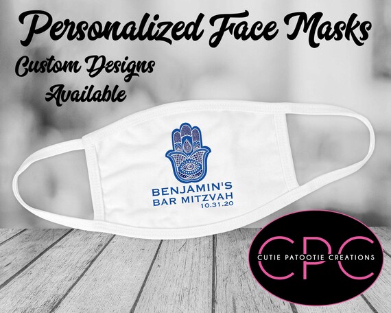 Personalized Blue Hamsa Bar Mitzvah Face Mask - Bat Mitzvah Face Mask - Wedding Face Masks - Made in the USA Il_570xn