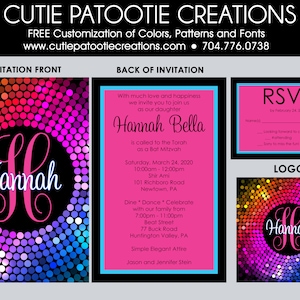 Bat Mitzvah Invitations Hot Pink Black White Confetti Bat Mitzvah Invitation RSVP Cards, Thank You, Envelope Addressing Custom Colors image 5