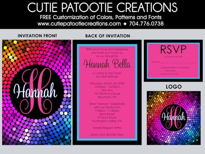 Bat Mitzvah Invitations Hot Pink Black White Confetti Bat Mitzvah Invitation RSVP Cards, Thank You, Envelope Addressing Custom Colors image 5