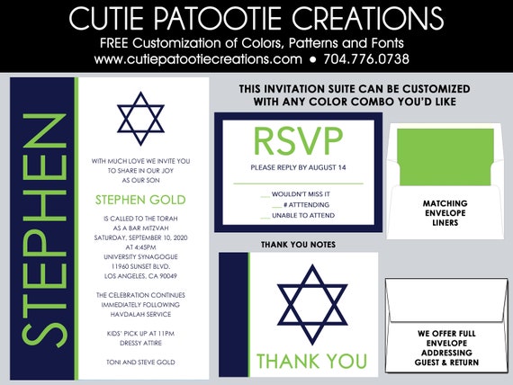 Modern Bar Mitzvah Invitation | Lime Green and Navy Bar Mitzvah Invitations | Custom Colors Available Il_570xn