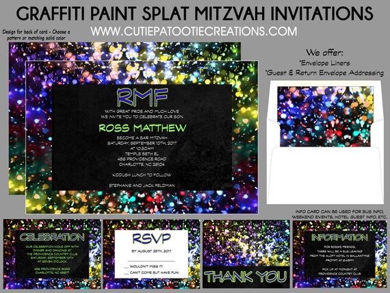 Graffiti Bar Mitzvah Invitation - RSVP Card - Thank You Notes - Save the Date - Envelope Addressing - Use for ANY Event - Custom Invitations Il_570xn