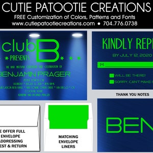 May include: A blue and green bar mitzvah invitation with the text "club B presents the bar mitzvah ceremony and celebration of Benjamin Prager" and the date "Saturday, August 12, 2020". The invitation also includes a RSVP card with the text "Kindly Reply by July 12, 2020" and two options: "Will be there" and "Sorry, can't make it".