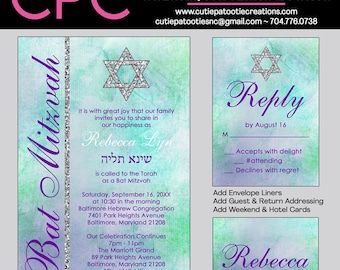 Bat Mitzvah Invitations | Printed | Green and Blue Watercolor Mitzvah Invitations | Custom Jewish Invitation