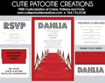 Bat Mitzvah Invitations | Hollywood Theme Bat Mitzvah Invitation | Envelope Addressing | Custom Colors Available