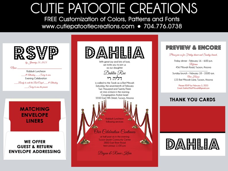 Bat Mitzvah Invitations Hollywood Theme Bat Mitzvah Invitation Envelope Addressing Custom Colors Available image 1