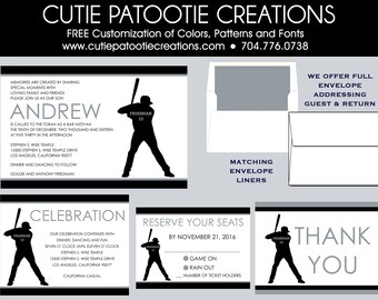 Baseball Bar Mitzvah Invitations - Choose Your Team colors - Add RSVP Card, Thank You Notes, Party Card, Hotel Card and Envelope Addressing