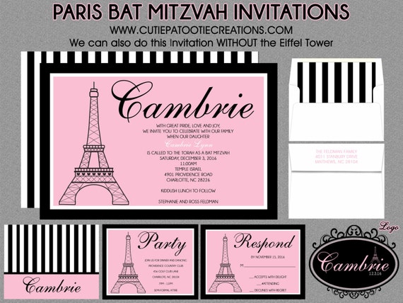 Bat Mitzvah Invitations - Paris Theme - Eiffel Tower - Pink Black White - RSVP Card, Envelope Addressing - Save the Date - Use for ANY Event Il_570xn
