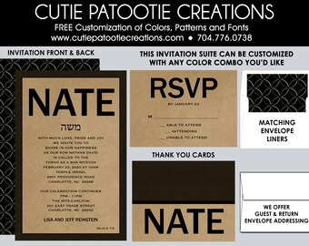 Bar Mitzvah Invitations, Bar Mitzvah Invitation, Envelope Addressing, Reply Card, Save the Date, Thank You Notes, Custom Colors Available