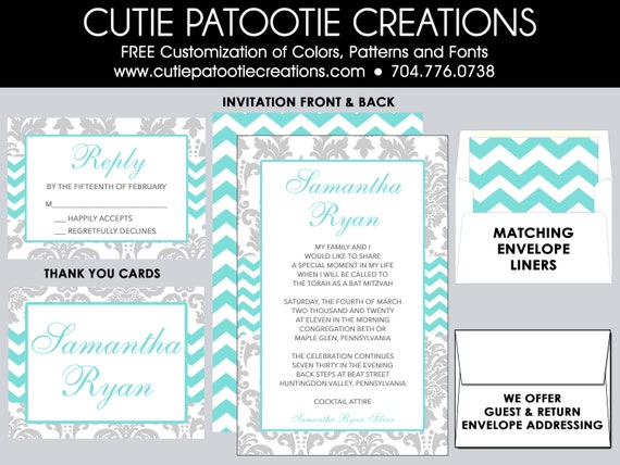 Bat Mitzvah Invitations | Turquoise Teal Blue Bat Mitzvah Invitation Il_570xn