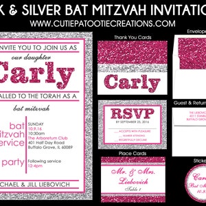 Hot Pink and Silver Bat Mitzvah Invitation Rsvp Reply Card Thank You Note Cards Envelope Addressing USE FOR ANY Event image 1