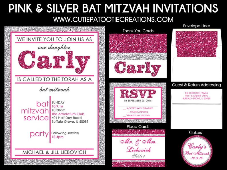 Hot Pink and Silver Bat Mitzvah Invitation Rsvp Reply Card Thank You Note Cards Envelope Addressing USE FOR ANY Event image 1