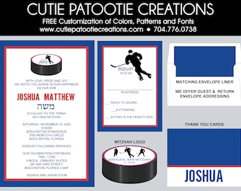 May include: A blue and red bar mitzvah invitation with a hockey theme. The invitation features a hockey puck with the name "Joshua" and the date "11.19.20". The invitation also includes the text "Joshua Matthew" and "Is called to the Torah as a Bar Mitzvah".