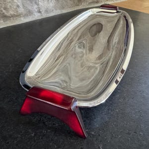 Vintage Glo-Hill Gourmates Chrome Serving Tray with red Bakelite Handle/Foot