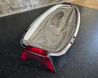 Vintage Glo-Hill Gourmates chromen dienblad met rood bakelieten handvat/voet