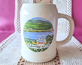 Vintage Stein-mok, souvenir Stubenberg am See, Oostenrijk, keramische bierpul 0,5 l, meerlandschap, decor Oktoberfest-bar, cadeau voor papa
