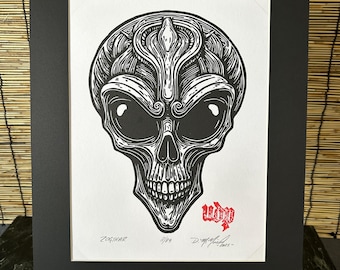 Zogthar | Original Handmade Linocut Print | Limited Edition | Dark Art | Alien Wall Art