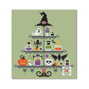 May include: A cross-stitch pattern featuring a witch's hat, a tiered shelf with Halloween-themed items, and the text "Stitching All 4 Seasons".