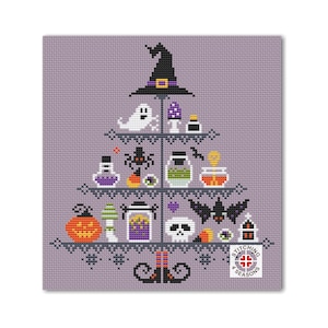 May include: A cross-stitch pattern featuring a Halloween-themed tiered stand with a witch's hat, ghosts, bats, spiders, potions, and other spooky decorations. The pattern is designed by Stitching 4 Seasons.