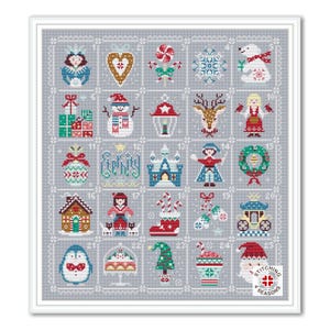 May include: A gray and white cross-stitch pattern with a Christmas theme. The pattern features 24 different images, including a gingerbread house, a snowman, a reindeer, a Christmas tree, and a Santa Claus. The pattern is surrounded by a white border.