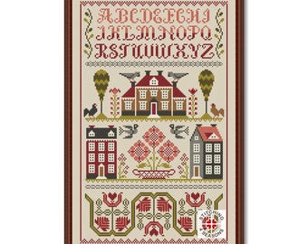 Three Houses Cross Stitch Pattern: Old Style Sampler (PDF Pattern)