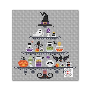 May include: A cross-stitch pattern featuring a Halloween-themed tiered tray with a witch's hat, ghosts, bats, spiders, potions, pumpkins, and other spooky decorations. The pattern is designed by Stitching 4 Seasons.