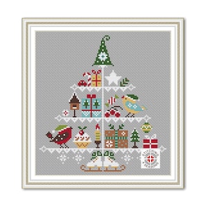 May include: A cross-stitch pattern of a Christmas tree with a variety of ornaments, including presents, birds, a house, and a candle. The tree is decorated with a star on top and a white base. The pattern is surrounded by a white frame and includes the text "Stitching 4 Seasons".
