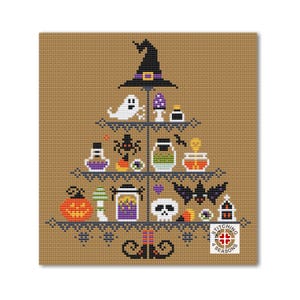 May include: A cross-stitch pattern featuring a witch's hat, a tiered stand with Halloween-themed items, and the text "Stitching 4 Seasons".