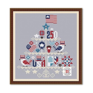 May include: Cross-stitch design featuring a tree-shaped arrangement of patriotic symbols. Includes the American flag, stars, and the number "250". The design incorporates red, white, and blue elements, with a gray background and a brown frame.