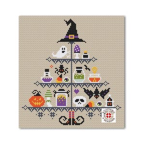 May include: A cross-stitch pattern featuring a Halloween-themed tiered tray with a witch's hat, ghosts, bats, pumpkins, spiders, and potion bottles. The pattern is designed by Stitching All Seasons.
