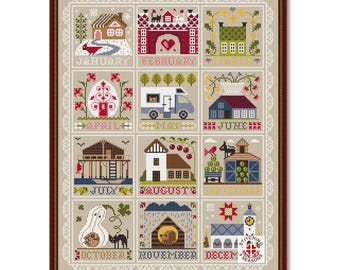 Seasons Houses Calendar Cross Stitch Pattern: Months Of The Year Sampler (PDF Pattern)
