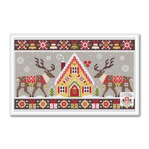 Christmas Reindeer Cross Stitch Pattern: Winter Gingerbread House Sampler (PDF Pattern)