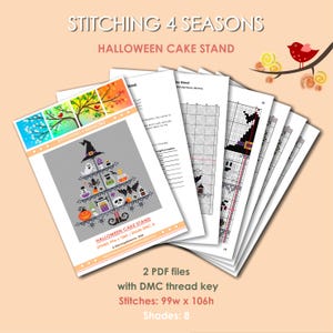 May include: A cross stitch pattern for a Halloween cake stand. The pattern features a witch's hat, a ghost, bats, pumpkins, and jars of potion. The pattern is 99 stitches wide by 106 stitches high and uses 8 different colors of DMC thread.