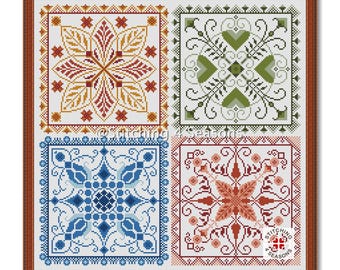 May include: Four cross-stitch patterns, each in a different color scheme, are displayed in a square frame. The patterns are "Autumn", "Winter", "Spring", and "Summer".