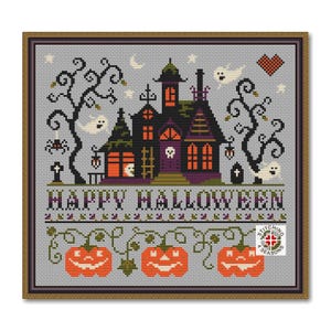 May include: Cross stitch pattern featuring a spooky house with a black roof, orange windows, and a skull on the door. The house is surrounded by trees, ghosts, and pumpkins. The text "Happy Halloween" is stitched below the house.