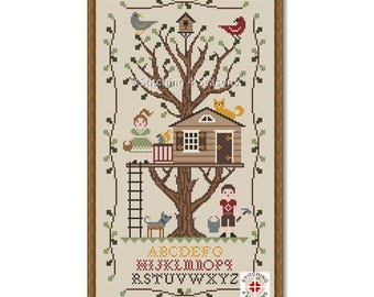 Tree House Cross Stitch Pattern: Cottage in Garden Summer Sampler (PDF Pattern)