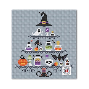 May include: A cross-stitch pattern featuring a witch's hat, a ghost, a spider, potions, bats, a pumpkin, a skull, and a cauldron. The pattern is arranged in a tiered tree shape with the witch's hat at the top and the boots at the bottom. The pattern is on a light blue background. "Stitching 4 Seasons" is in the bottom right corner.
