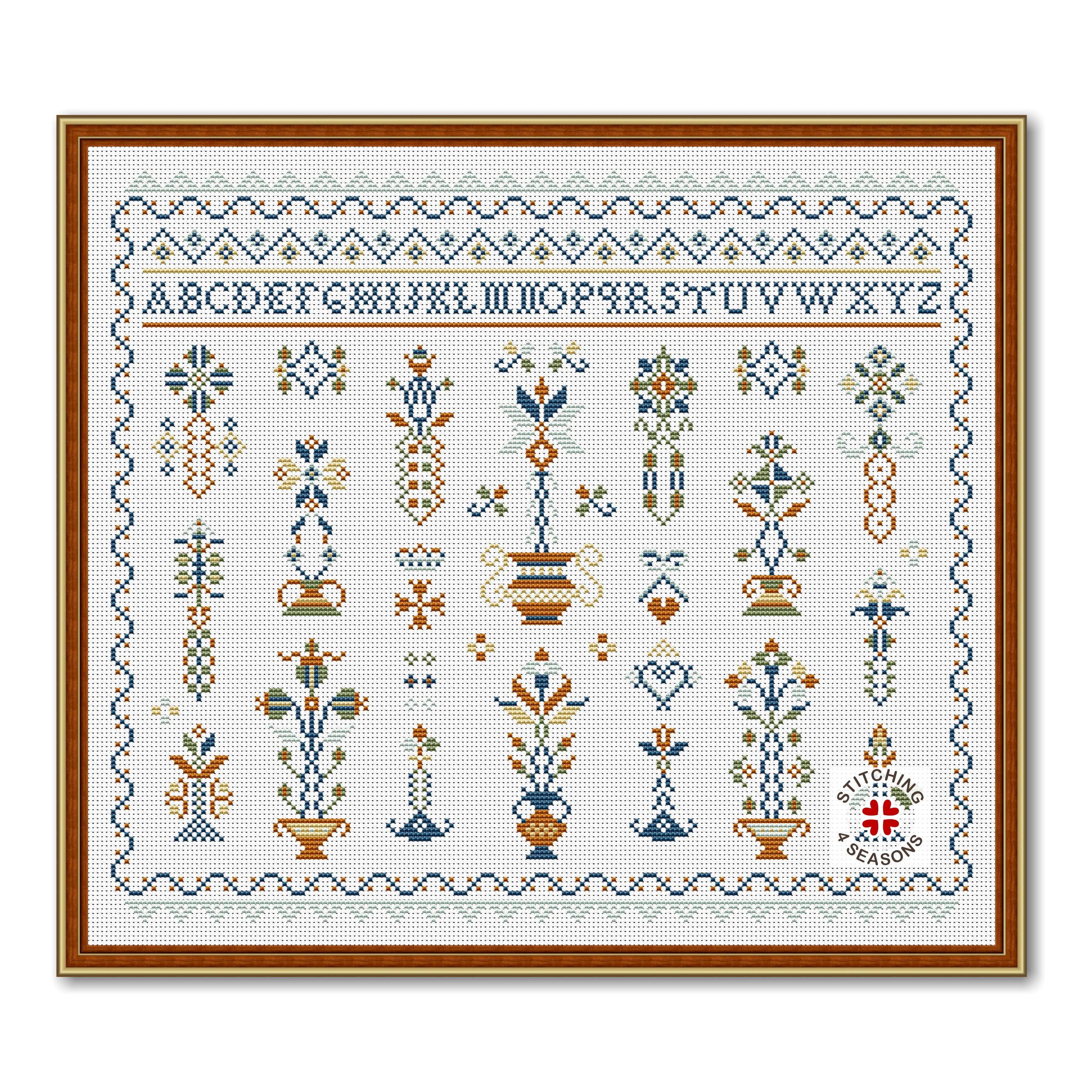 Cross stitch pattern PDF - Flowers and Alphabet sampler - Old Sampler for stitching