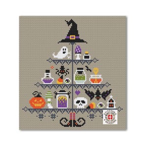 May include: A cross-stitch pattern featuring a Halloween-themed tiered tray with a witch's hat, ghosts, bats, spiders, potions, and other spooky decorations. The pattern is designed by Stitching 4 Seasons.
