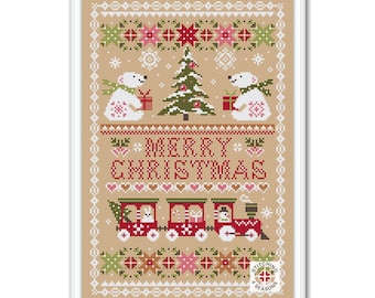 May include: Cross stitch pattern featuring a Christmas scene with two polar bears, a Christmas tree, and a train. The pattern includes the text "Merry Christmas".