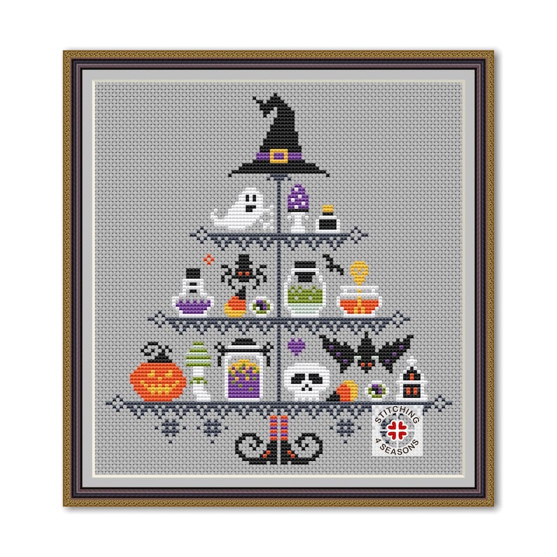 May include: A cross-stitch pattern featuring a witch's hat on top of a tiered shelf filled with Halloween-themed items, including ghosts, bats, spiders, pumpkins, and potions. The shelf is decorated with a black and white pattern and sits on top of a pair of witch's boots. The pattern is titled "Stitching 4 Seasons".
