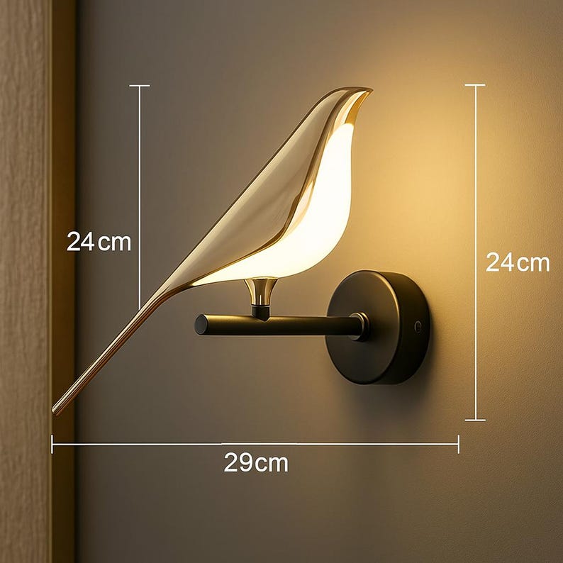 May include: A gold bird-shaped wall light fixture with a black base. The light is 29 inches wide, 24 inches tall, and 24 inches deep.