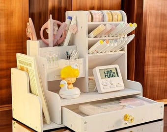 Organiseur de bureau en bois à plusieurs niveaux : porte-stylo, étagère et boîte de rangement de bureau