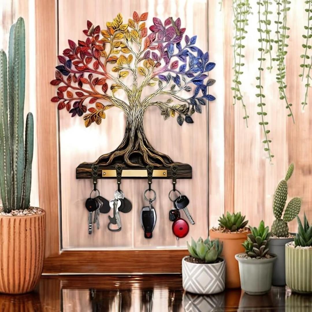 Wooden Key Hanger With Tree of Life | 2D Wall Mounted Key Holder With ...