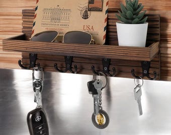 Llavero de madera para la entrada / Organizador de correo de pared con 4 ganchos / Soporte rústico para llaves, gafas de sol y accesorios